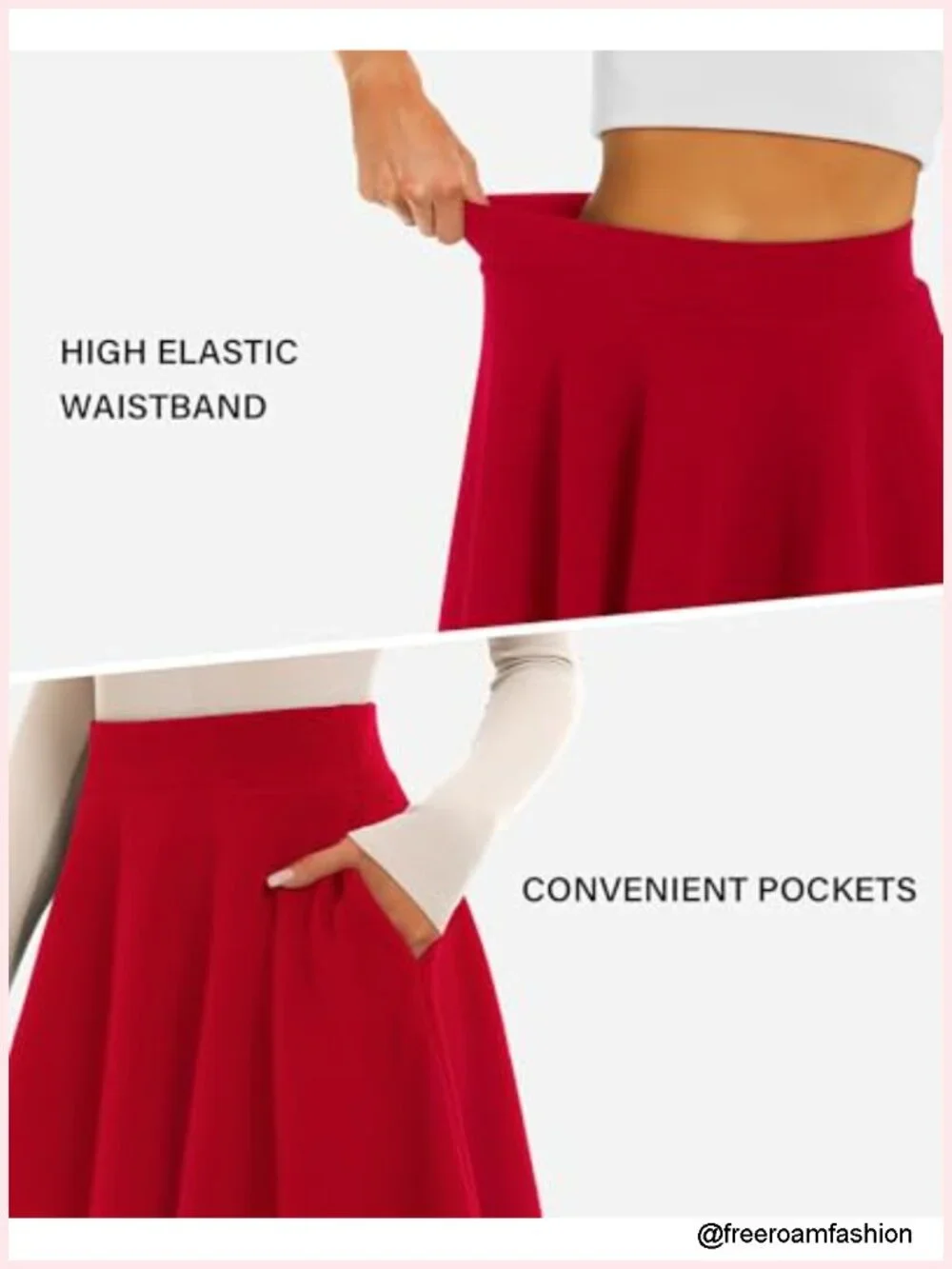 High Waisted Midi Skirt with Pockets Stretchy Flared Pleated Knee Length